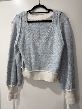 Free People Powder Blue V-Neck Sweater with Cream Trim